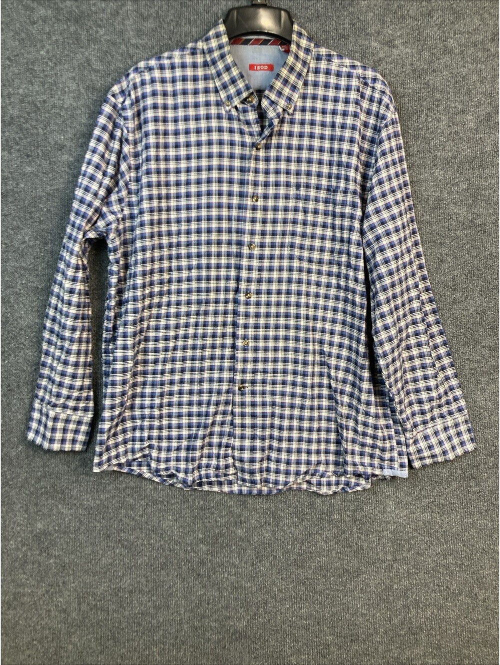Izod Mens Size XL Blue White Plaid Long Sleeve Button Up Pocket Shirt EUC